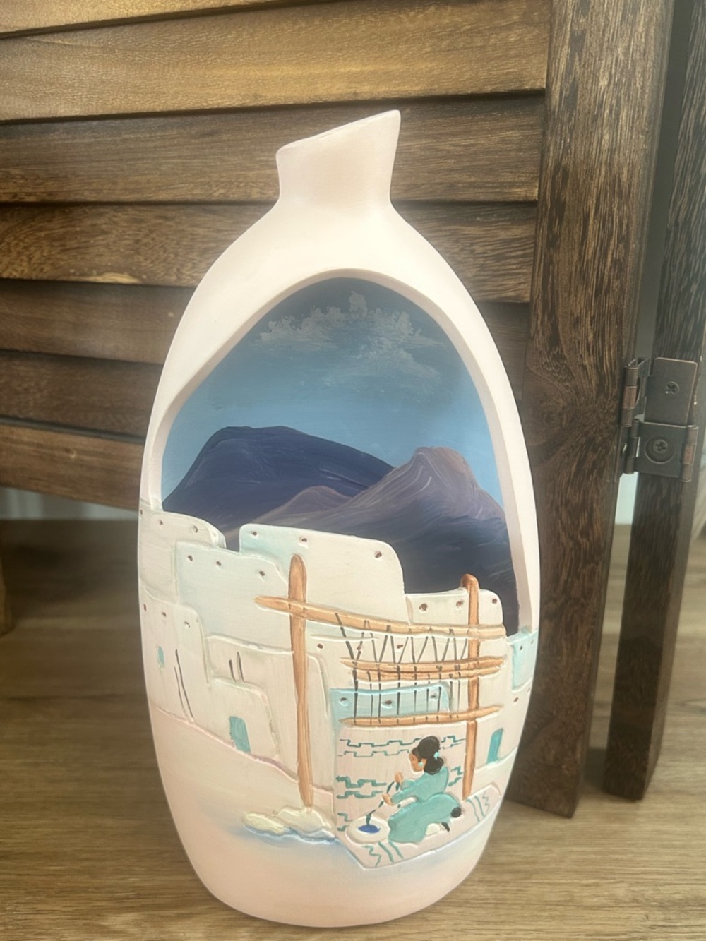 Vintage Native American Hand Painted Soft Pink Ceramic Pottery Vase 12"x 5”